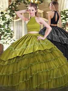 Halter Top Sleeveless Organza Vestidos de Quinceanera Beading and Embroidery and Ruffled Layers Backless