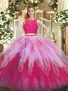 Captivating Scoop Sleeveless Ball Gown Prom Dress Floor Length Lace and Ruffles Hot Pink Organza