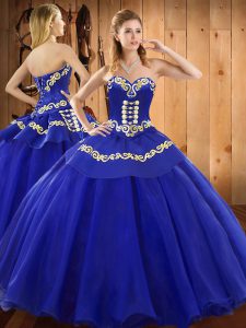 Fitting Sweetheart Sleeveless Lace Up 15th Birthday Dress Blue Satin and Tulle