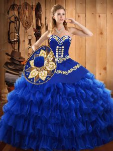 Custom Designed Blue Sleeveless Floor Length Embroidery and Ruffled Layers Lace Up Quinceanera Dress