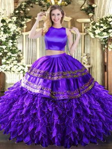 Super High-neck Sleeveless Criss Cross Quinceanera Dress Purple Tulle
