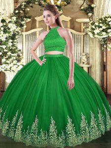 Gorgeous Green Ball Gowns Halter Top Sleeveless Tulle Floor Length Backless Beading and Appliques Quinceanera Dress