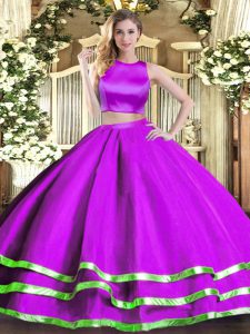 Purple Sleeveless Tulle Criss Cross Quinceanera Gowns for Military Ball and Sweet 16 and Quinceanera