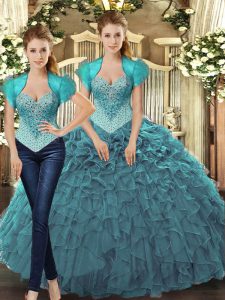 Ball Gowns Sweet 16 Dresses Teal Straps Tulle Sleeveless Floor Length Lace Up
