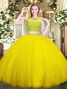 Most Popular Two Pieces Quince Ball Gowns Yellow Green Scoop Tulle Sleeveless Floor Length Zipper