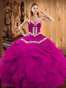 Sleeveless Floor Length Embroidery and Ruffles Lace Up Vestidos de Quinceanera with Fuchsia