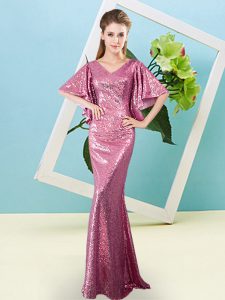 High Class Sequins Prom Dress Pink Zipper Half Sleeves Floor Length