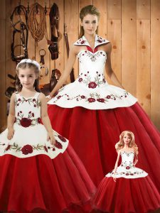 High Quality Wine Red Quinceanera Dress Military Ball and Sweet 16 and Quinceanera with Embroidery Halter Top Sleeveless Lace Up