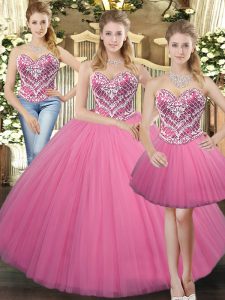 Delicate Sweetheart Sleeveless Sweet 16 Dresses Floor Length Beading Rose Pink Tulle