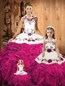 Fine Fuchsia Ball Gowns Embroidery and Ruffles 15 Quinceanera Dress Lace Up Tulle Sleeveless Floor Length