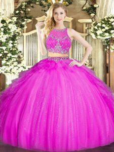 High Quality Fuchsia Tulle Zipper Vestidos de Quinceanera Sleeveless Floor Length Beading and Ruffles