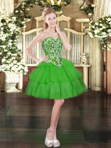 Captivating Green Ball Gowns Beading and Ruffled Layers Evening Dress Lace Up Organza Sleeveless Mini Length
