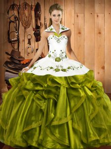 Ball Gowns Quinceanera Dress Olive Green Halter Top Satin and Organza Sleeveless Floor Length Lace Up