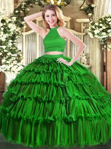 Ball Gowns Sweet 16 Dress Green Halter Top Organza Sleeveless Floor Length Backless
