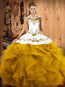 Modest Gold Lace Up Sweet 16 Dress Embroidery and Ruffles Sleeveless Floor Length