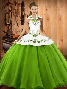 Satin and Tulle Halter Top Sleeveless Lace Up Embroidery 15 Quinceanera Dress in