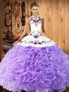 Spectacular Halter Top Sleeveless Quinceanera Dresses Floor Length Embroidery Lavender Fabric With Rolling Flowers
