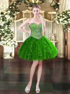 Fantastic Sleeveless Organza Mini Length Lace Up in Dark Green with Beading and Ruffles