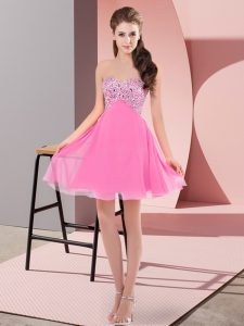 Stylish Sweetheart Sleeveless Prom Evening Gown Mini Length Beading Rose Pink Chiffon