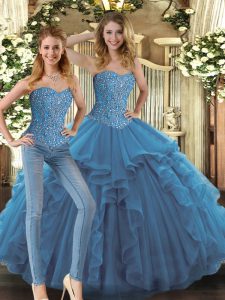 Teal Ball Gowns Beading and Ruffles Quinceanera Gowns Lace Up Tulle Sleeveless Floor Length