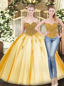 Trendy Beading and Appliques Quinceanera Dress Gold Lace Up Sleeveless Floor Length