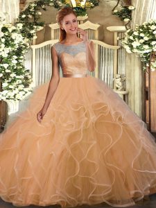 Champagne Scoop Backless Lace and Ruffles and Sashes ribbons 15 Quinceanera Dress Sleeveless