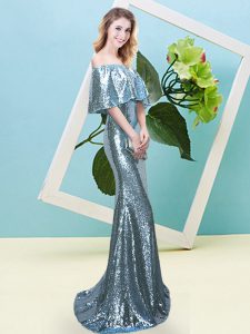 Light Blue Half Sleeves Sequins Floor Length Dress for Prom