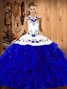 Admirable Blue And White Satin and Organza Lace Up Quinceanera Dress Sleeveless Floor Length Embroidery and Ruffles