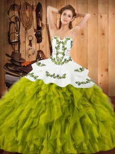 Satin and Organza Strapless Sleeveless Lace Up Embroidery and Ruffles Quince Ball Gowns in Olive Green