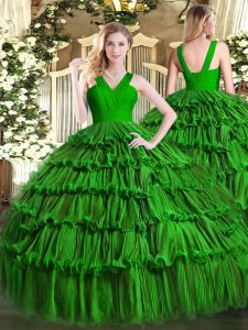 Dark Green Zipper V-neck Ruffled Layers Quinceanera Dress Organza Sleeveless