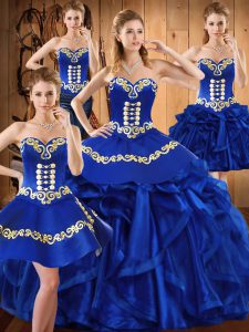 Floor Length Royal Blue Ball Gown Prom Dress Organza Sleeveless Embroidery and Ruffles