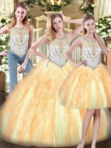 Discount Gold Quinceanera Gowns Military Ball and Sweet 16 and Quinceanera with Beading and Ruffles Scoop Sleeveless Zipper