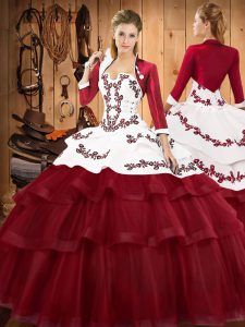 Burgundy Lace Up Strapless Embroidery and Ruffled Layers 15th Birthday Dress Lace Sleeveless Sweep Train