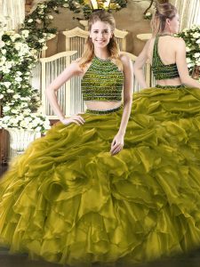 Captivating Sleeveless Tulle Floor Length Zipper 15th Birthday Dress in Olive Green with Beading and Ruffles