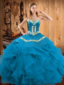 Satin and Organza Sweetheart Sleeveless Lace Up Embroidery and Ruffles Vestidos de Quinceanera in Teal
