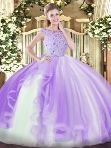 Lavender Ball Gowns Tulle Bateau Sleeveless Beading and Ruffles Floor Length Zipper Quince Ball Gowns