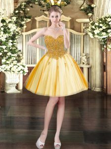 Sophisticated Tulle Sweetheart Sleeveless Lace Up Beading Homecoming Dress in Gold