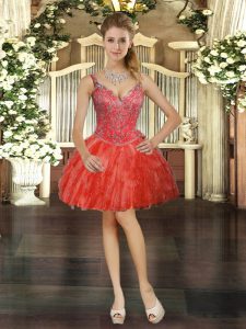 Gorgeous Red Lace Up V-neck Beading and Ruffles Dress for Prom Tulle Sleeveless