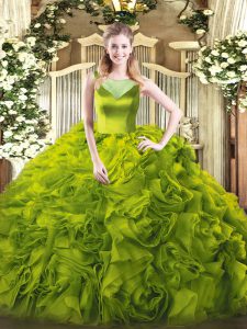 Elegant Olive Green Ball Gowns Scoop Sleeveless Fabric With Rolling Flowers Floor Length Side Zipper Beading 15 Quinceanera Dress