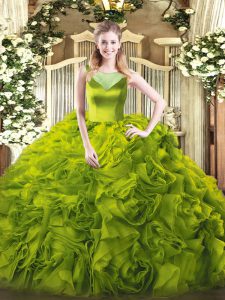 Elegant Olive Green Ball Gowns Scoop Sleeveless Fabric With Rolling Flowers Floor Length Side Zipper Beading 15 Quinceanera Dress