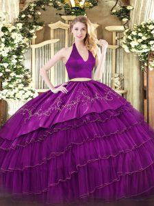Fuchsia Two Pieces Embroidery and Ruffled Layers Quinceanera Dress Zipper Organza and Taffeta Sleeveless Floor Length
