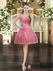 Inexpensive Sleeveless Mini Length Beading and Appliques Lace Up Prom Gown with Coral Red