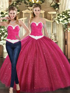 Latest Sleeveless Tulle Floor Length Lace Up Quinceanera Dresses in Fuchsia with Ruching