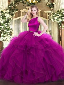 Fuchsia Ball Gowns Organza Scoop Sleeveless Ruffles Floor Length Clasp Handle Quinceanera Gown