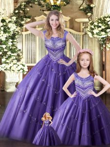 Eggplant Purple Scoop Lace Up Beading Vestidos de Quinceanera Sleeveless