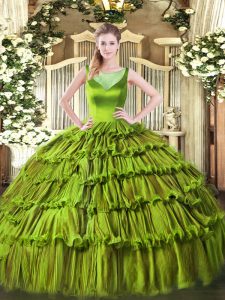 Elegant Olive Green Ball Gowns Beading and Ruffled Layers Quinceanera Gown Side Zipper Organza Sleeveless Floor Length