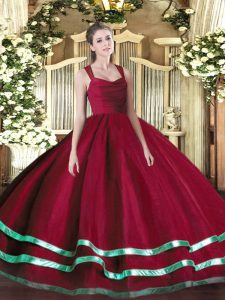 Low Price Floor Length Wine Red 15th Birthday Dress Organza Sleeveless Ruffled Layers and Ruching