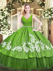 V-neck Sleeveless Quinceanera Dress Floor Length Beading and Appliques Olive Green Tulle