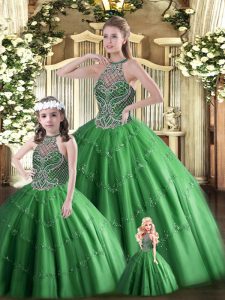 Luxury Dark Green Tulle Lace Up Halter Top Sleeveless Floor Length Quinceanera Gowns Beading