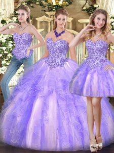 Lavender Three Pieces Appliques and Ruffles 15th Birthday Dress Zipper Organza Sleeveless Floor Length